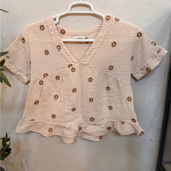 newills Tops - Cream Gauze V-Neck Top with Brown Daisy Embroidery 100% Cotton